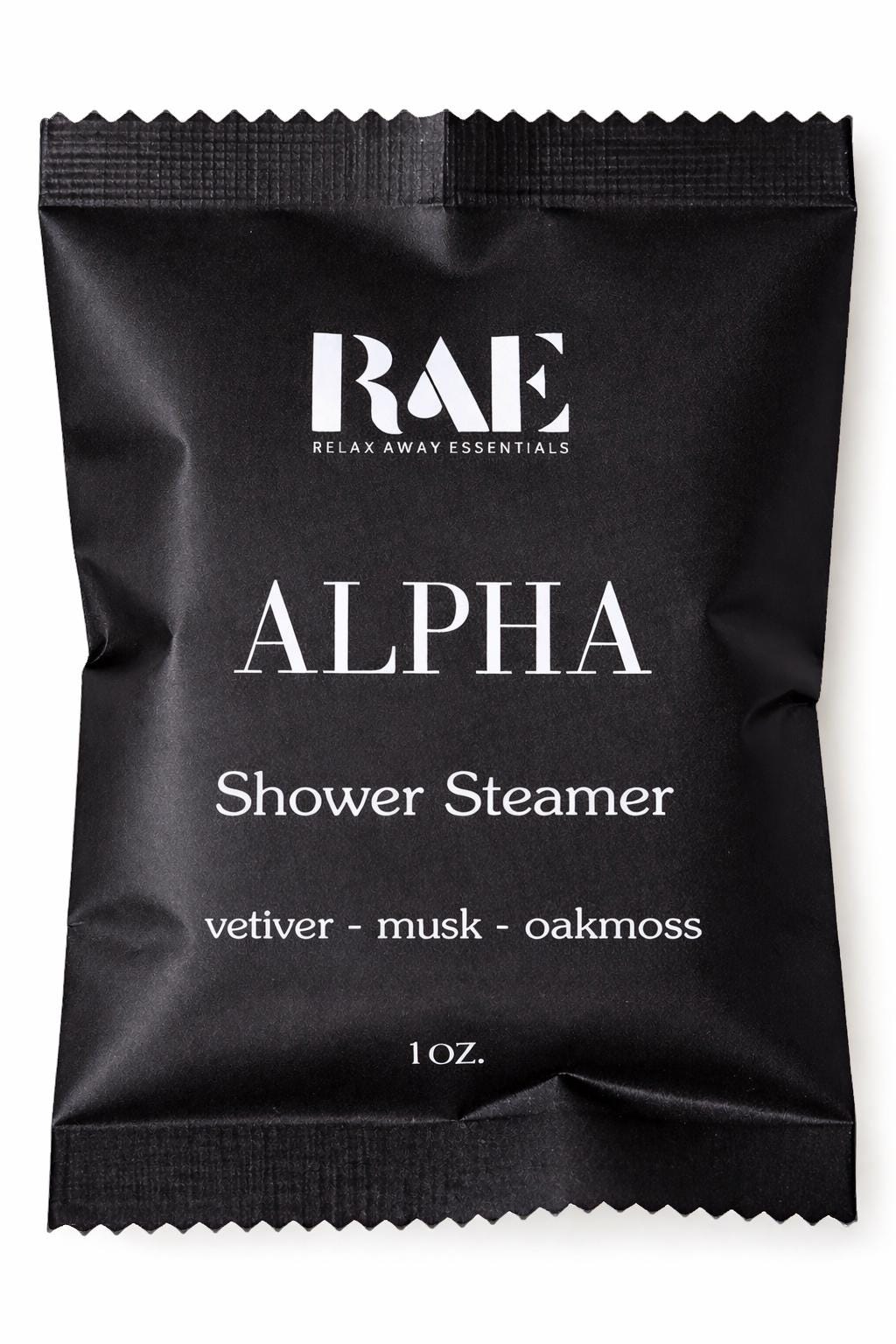 Alpha shower steamer sachet with RAE logo; scent: vetiver, musk, oakmoss