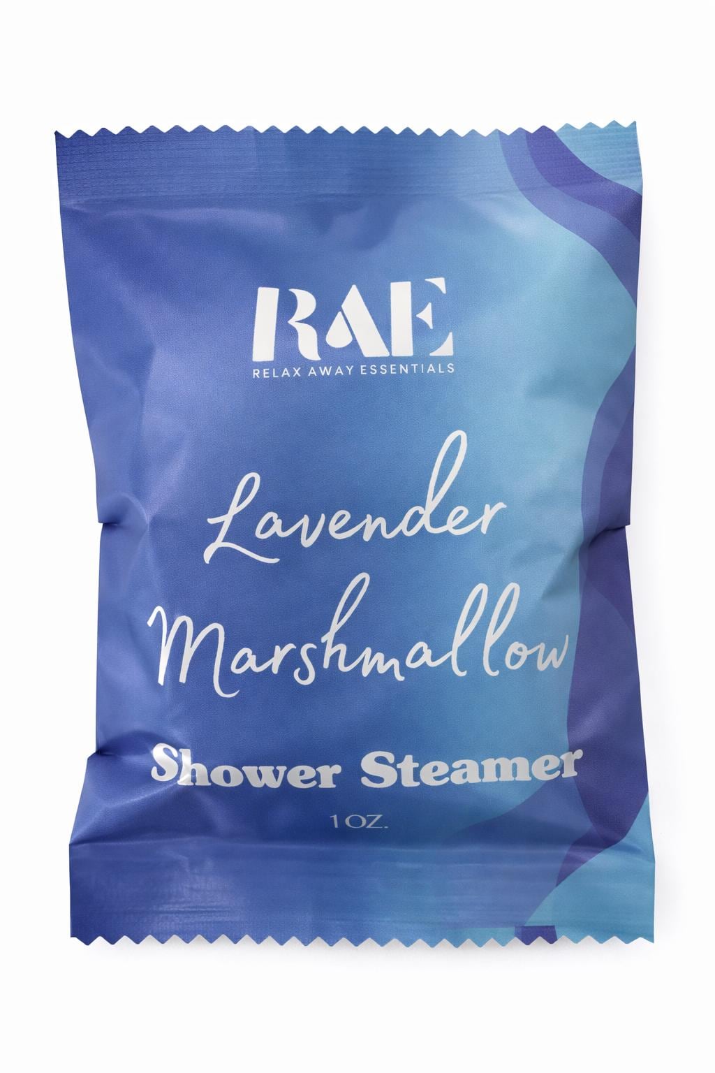 Lavender marshmallow shower steamer pouch with RAE logo and scent name