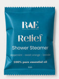 Shower steamer packet in teal with Relief branding and peppermint, sweet orange, lavender