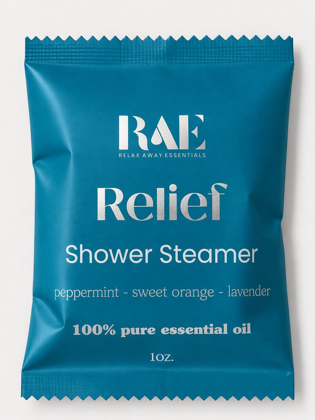 Shower steamer packet in teal with Relief branding and peppermint, sweet orange, lavender