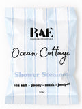 Shower steamer sachet with Ocean Cottage scent label and RAF branding, 1 oz.