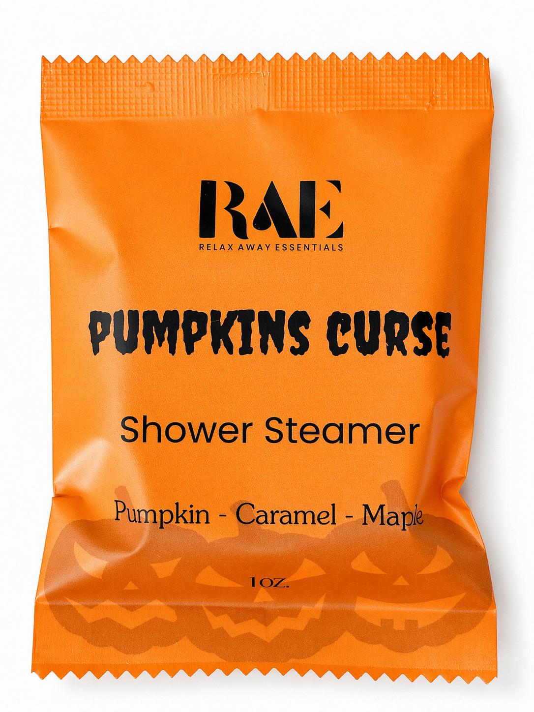 BAE Pumpkins Curse shower steamer pouch, orange with pumpkin graphic and scent notes