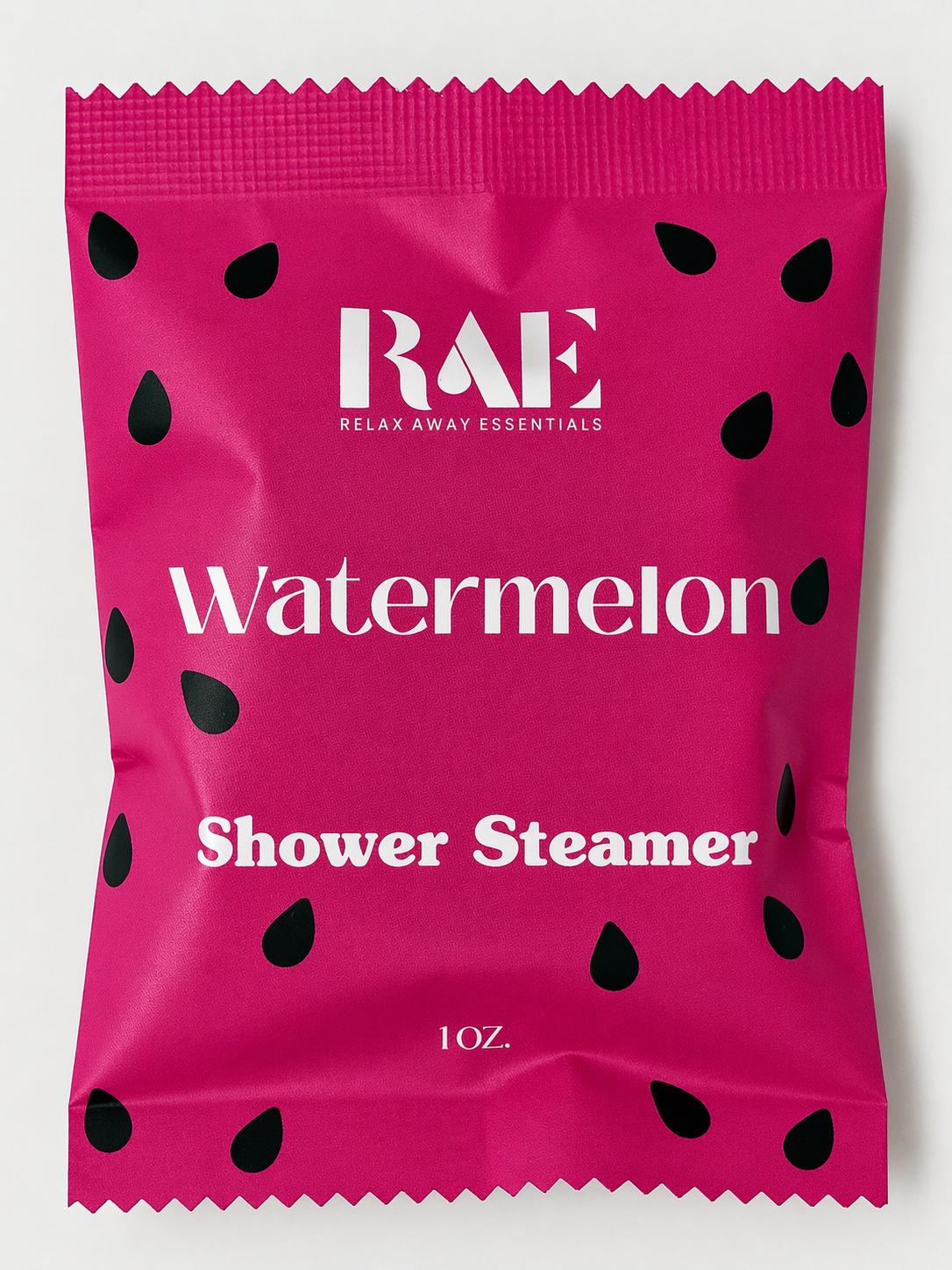 Watermelon shower steamer packet, magenta pouch with black watermelon slice graphics