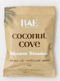 Coconut Cove shower steamer pouch, beige Kraft bag with BAE logo and Coconut Cove text