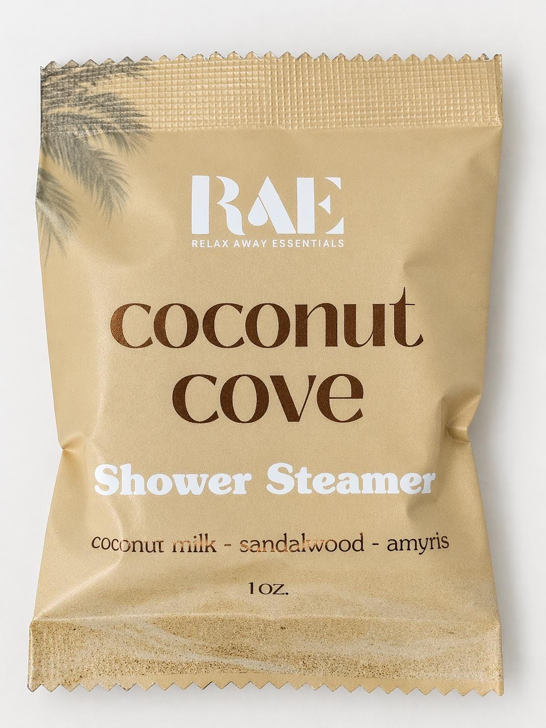 Coconut Cove shower steamer pouch, beige Kraft bag with BAE logo and Coconut Cove text
