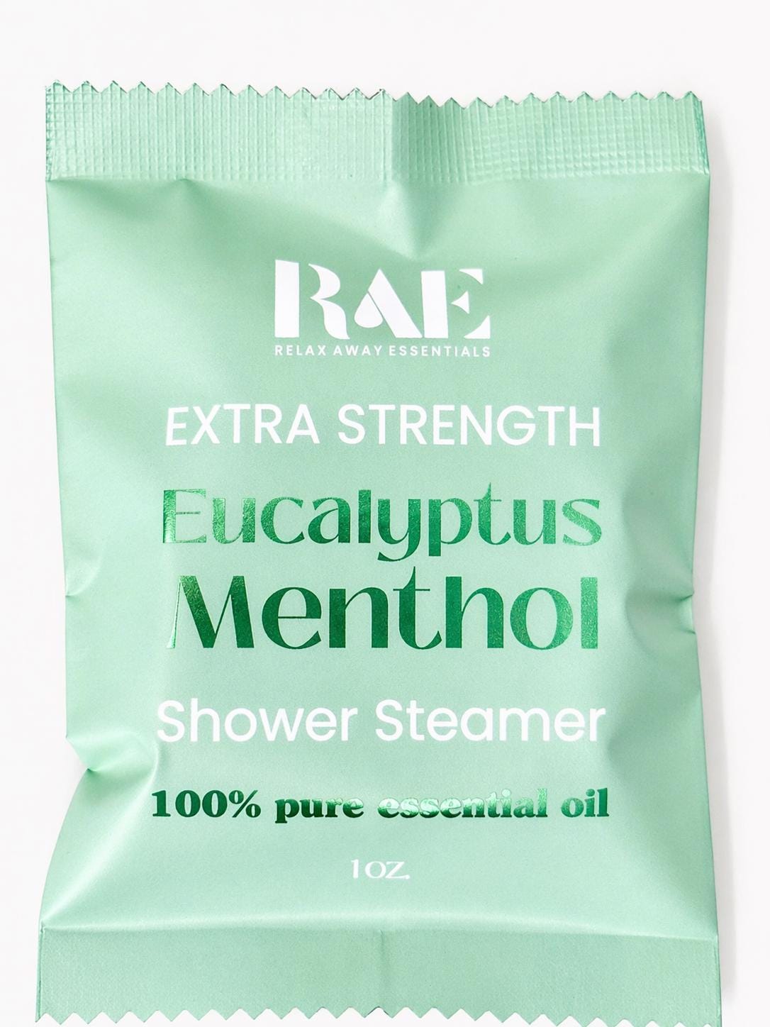 Green shower steamer pouch labeled Extra Strength Eucalyptus Menthol, 100% pure essential oil
