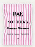 Shower steamer sachet with pink striped wrap, 'Not Today' and grapefruit-lemon-ylang ylang