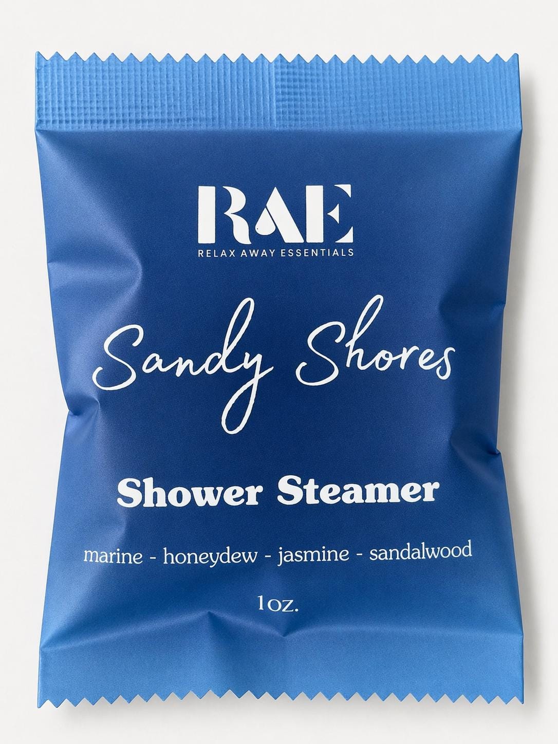 Blue shower steamer pouch labeled Sandy Shores, 1 oz