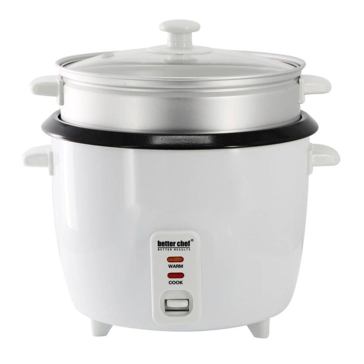 White ceramic rice cooker with lid, side handles, and Better Chef warm/cook switch