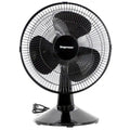 12-inch black desk fan with round wire grill and pedestal base