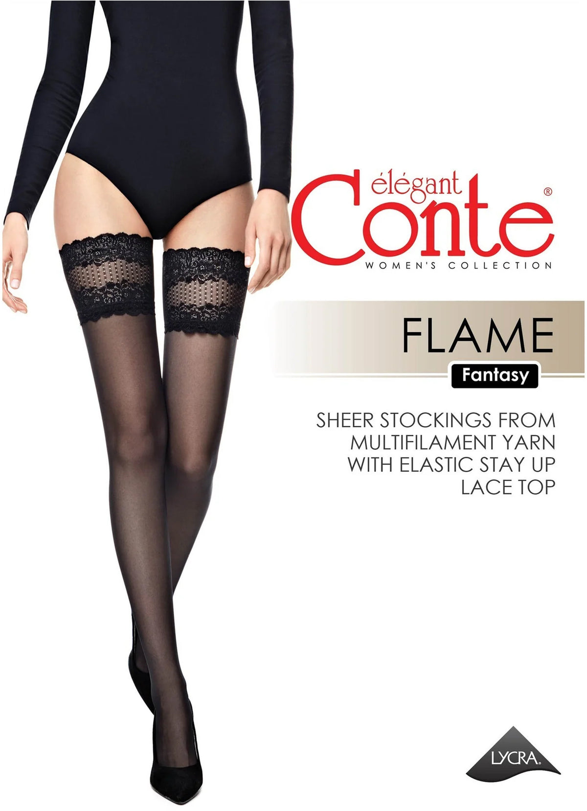 Black sheer stockings with lace top band, Flame fantasy style (Conte)