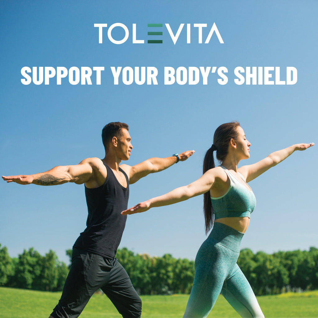 TOLEVITA wellness patch lifestyle image with people stretching and support text