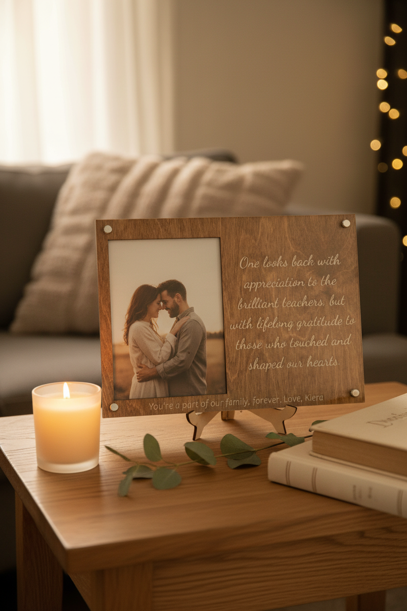 Walnut engraved picture frame with printed photo and handwritten quote message