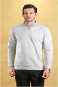 Light gray long-sleeve polo shirt with buttoned collar and ribbed cuffs