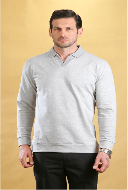 Light gray long-sleeve polo shirt with buttoned collar and ribbed cuffs
