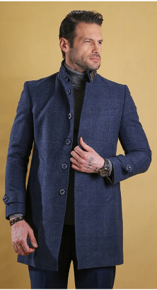 Men's deep blue double-breasted overcoat with notched lapels and flap pockets.