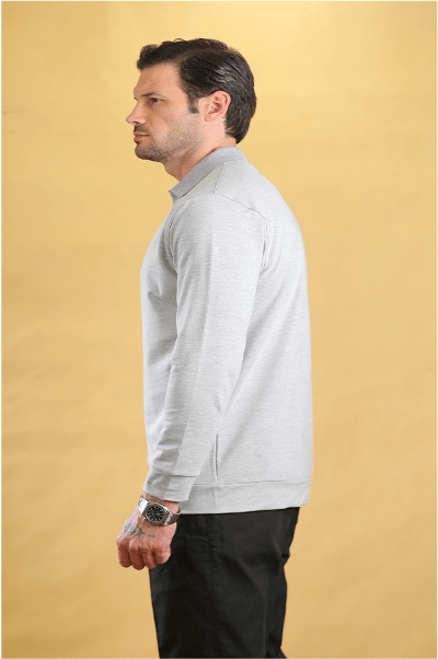 Light gray long-sleeve polo shirt, side profile, buttoned collar