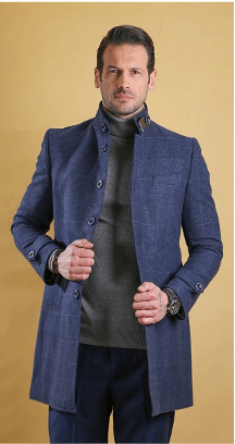 Men's deep blue overcoat with notched lapels, double-breasted buttons, and cuff detail.