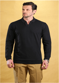 Black long-sleeve polo shirt with three-button placket and ribbed cuffs