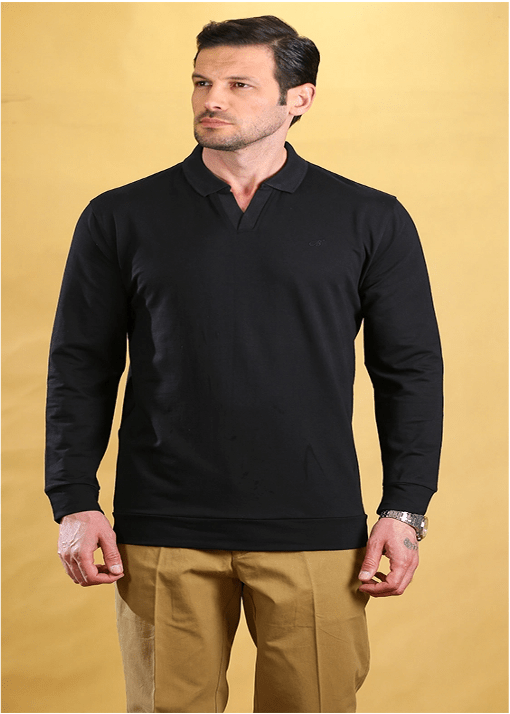 Black long-sleeve polo shirt with three-button placket and ribbed cuffs