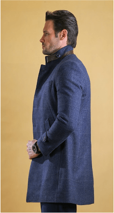 Deep blue overcoat side view with notched lapels, button closure, and flap pocket.