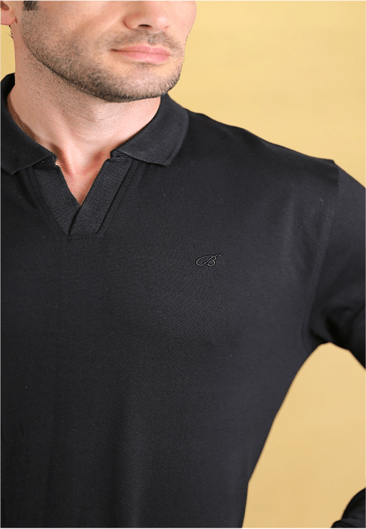 Black long-sleeve polo shirt with ribbed collar and small chest logo