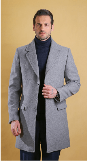 Men's light-gray overcoat, notched lapels, single-breasted button front.