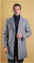 Men's light-gray overcoat, notched lapels, single-breasted button front.