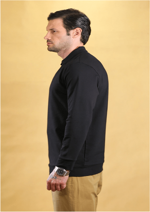 Black long-sleeve polo shirt, side profile with ribbed hem and cuffs