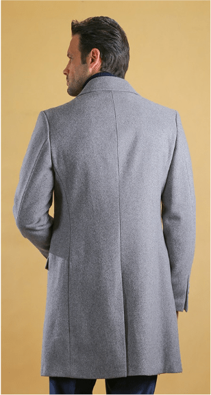 Men's light-gray overcoat, full back view with center seam and tailored yoke.