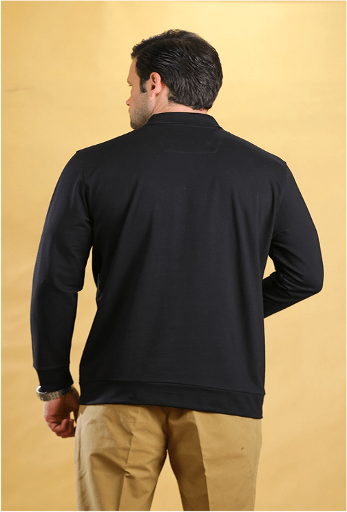 Black long-sleeve polo shirt, back view with straight hem and ribbed cuffs