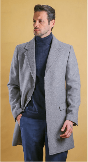 Men's light-gray overcoat with notched lapels and flap pockets, front three-quarter view.