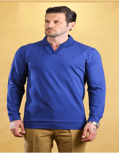 Royal blue long-sleeve polo shirt with polo collar and small chest logo