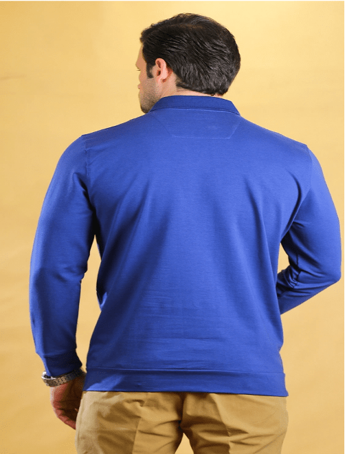 Royal blue long-sleeve polo shirt, back view with ribbed hem and collar