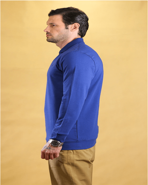 Royal blue long-sleeve polo shirt, side view with polo collar