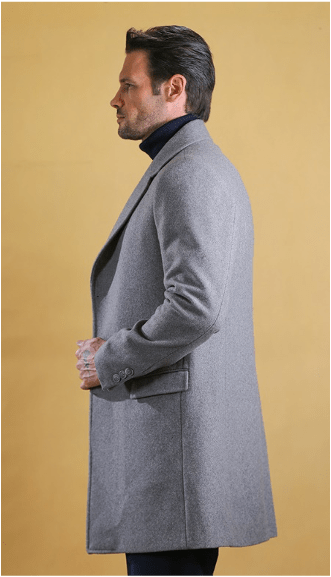 Men's light-gray overcoat sleeve cuff and buttoned front, side profile.