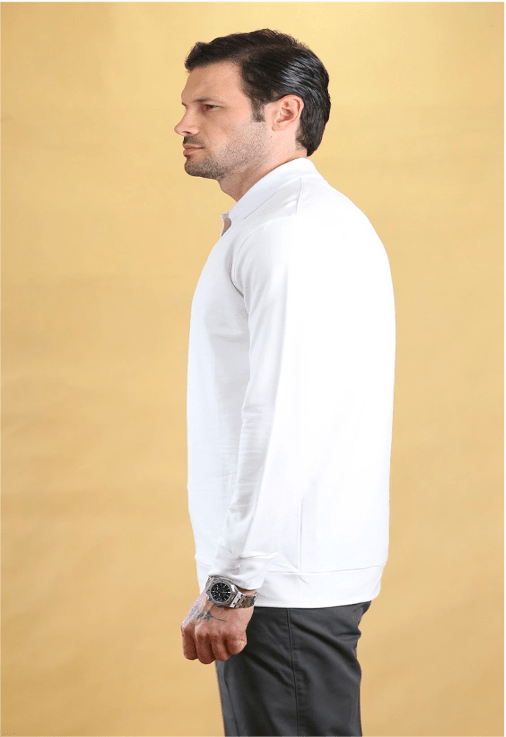Pure white long-sleeve polo shirt, side view with buttoned collar and cuffs
