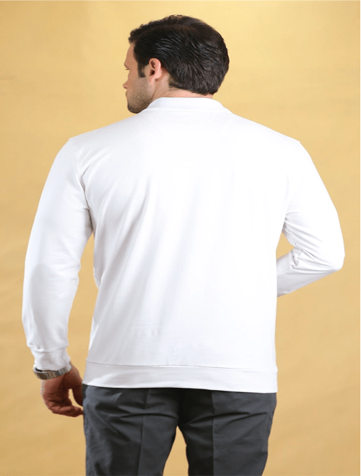 Pure white long-sleeve polo shirt, back view with ribbed hem