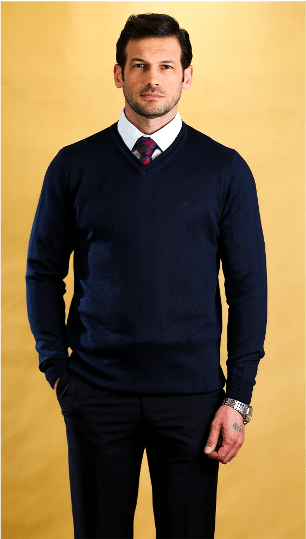 Dark V-neck knit sweater, long sleeves, ribbed collar and hem