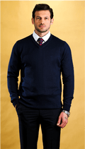 Dark V-neck knit sweater, long sleeves, ribbed collar and hem