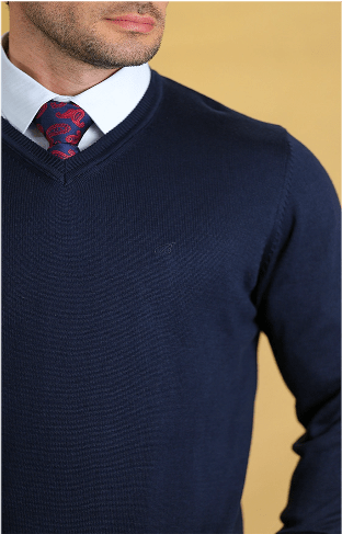 Dark V-neck knit sweater with textured stitch pattern and ribbed neckline trim