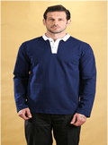 Navy polo shirt with white contrast collar and button placket, long sleeves