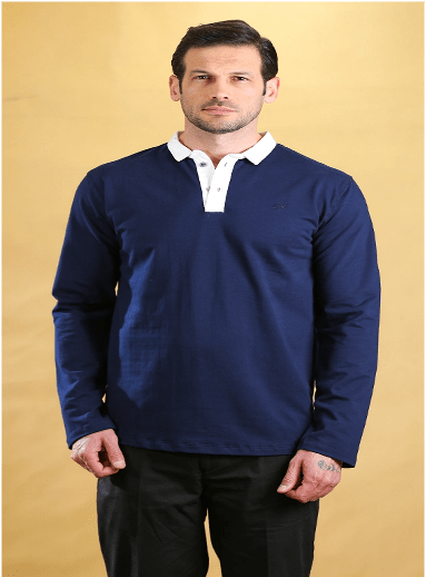 Navy polo shirt with white contrast collar and button placket, long sleeves