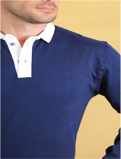 Navy polo shirt close-up with white collar and small chest logo