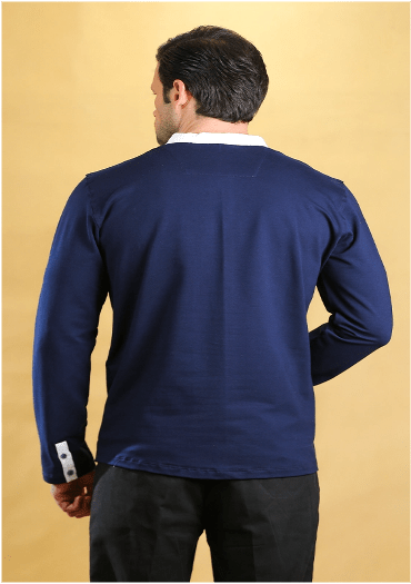 Navy polo shirt back view with buttoned cuffs and long sleeves