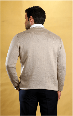 Tan v-neck sweater back view with ribbed knit texture