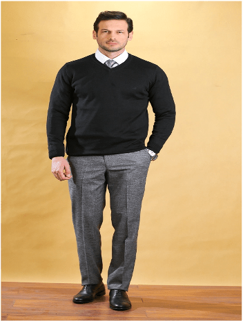 Men's black V-neck knit sweater, long sleeves, relaxed fit