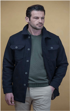 Charcoal men’s Airman coat with snap front, stand collar, and flap chest pockets