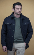 Charcoal men’s Airman coat with snap front, stand collar, and flap chest pockets