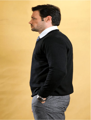 Men's black V-neck pullover sweater, side view, long sleeves